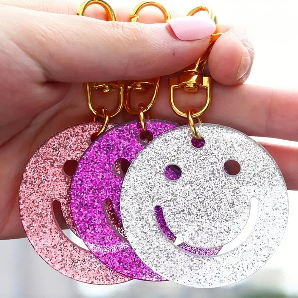 🆕 Colorful Pink Silver Purple Acrylic Glitter Smiley Face Keychain Set of 3